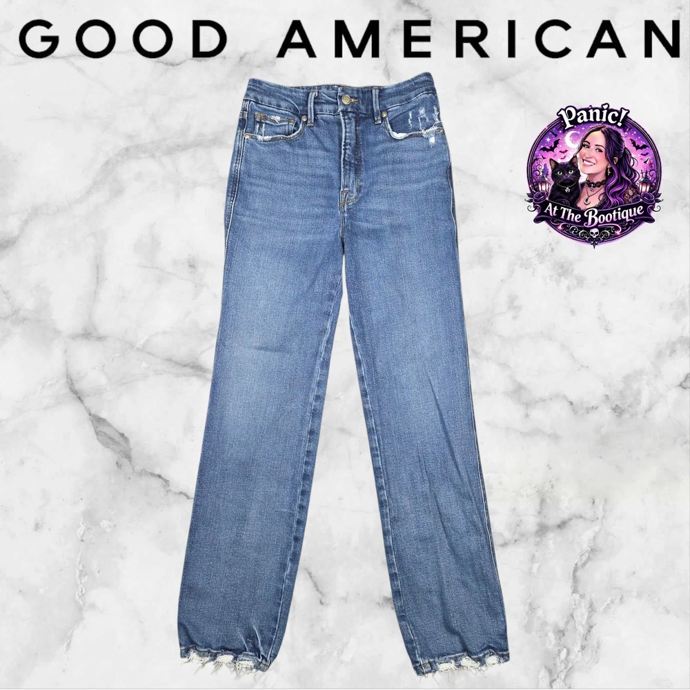 Good American Straight Leg Jeans Womens 4/27 Blue Distressed Raw Hem High Rise